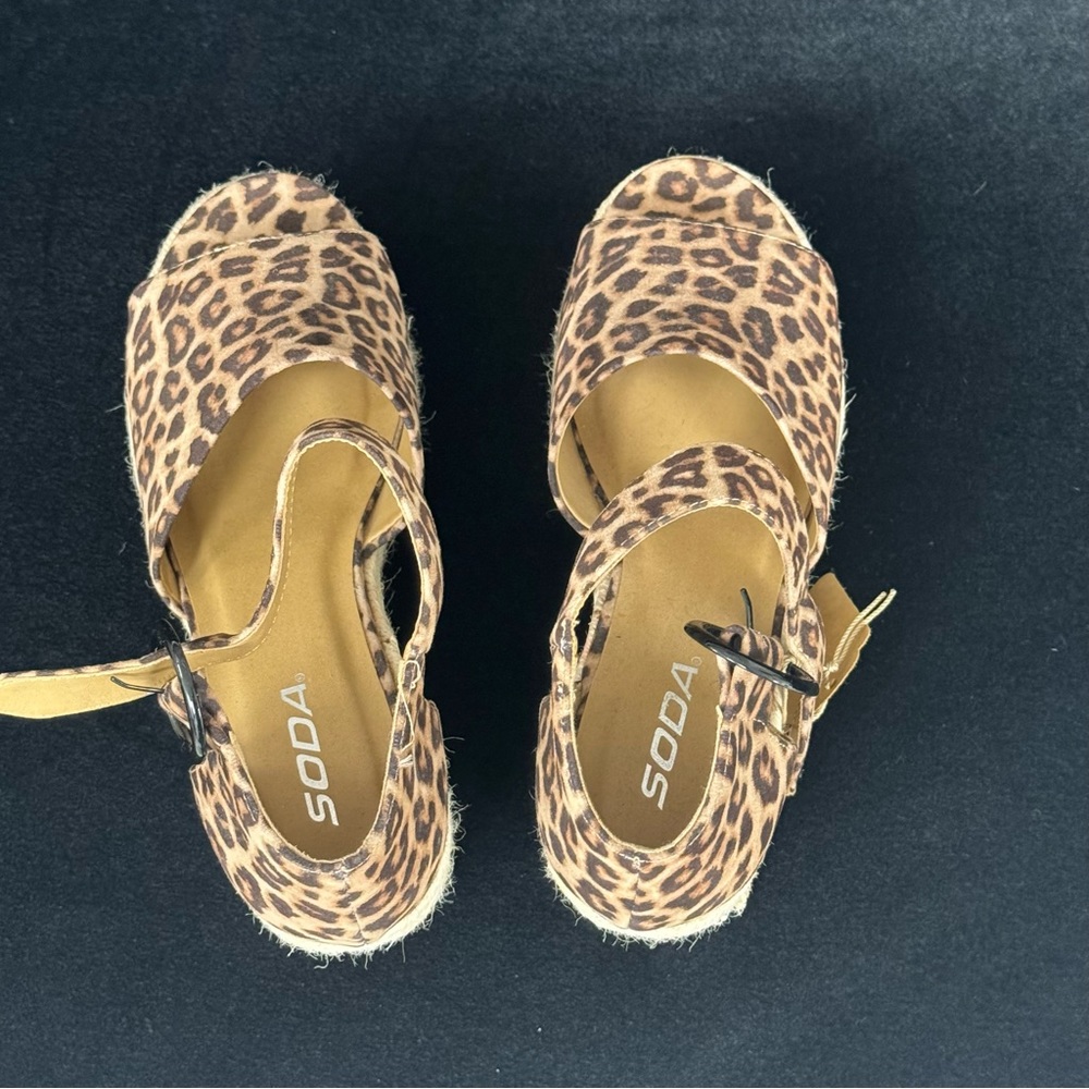 Leopard Print Open Toe Wedges With Twine Base - image 3